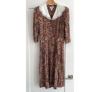 80s Vintage Paisley Midi Dress Lace Collar Prairie Cottage LG Star Size XL